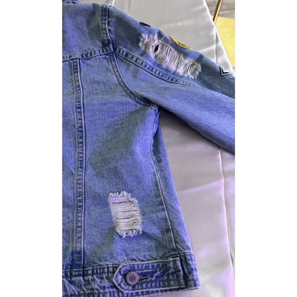 Boom Boom Distressed Jean Jacket Patches Trucker Y2k Festival Cropped Grunge - Picture 6 of 10